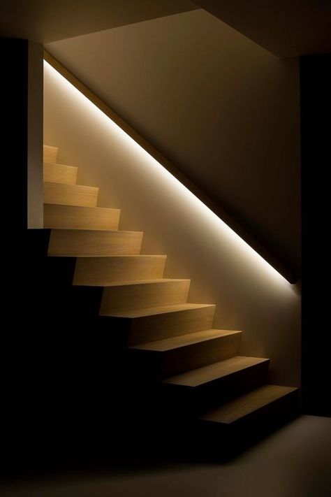 LED strip lighting to highlight the railing will let you see your stairs even in the dark Decorating Basement, Staircase Lighting Ideas, Stairs Lighting, درج السلم, Stairway Lighting, Stair Lights, Staircase Ideas, Staircase Remodel, Basement Stairs