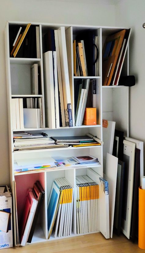 Studio Organization Artist, Creative Space Ideas Artist Studios, Art Storage Aesthetic, Art Storage Small Spaces, Art Storage For Small Spaces, Art Room Set Up Home, Shelves For Art Supplies, Furniture For Art Studio, Artist Bedroom Decor