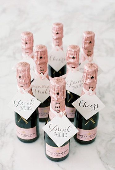 "Drink me" mini Chandon bottles for wedding favors. // Wedding favor ideas your guests will love Silver Wedding Favors, Affordable Wedding Favours, Summer Wedding Favors, Frugal Wedding, Creative Wedding Favors, Wedding Favors And Gifts, Wedding On A Budget, Mini Champagne, Wedding Favors Cheap