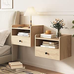 Natural Floating Nightstand Set of 2 with Charging Station and Drawer Small Bedside End Table with Outlet Modern Floating Night Stand for Bedroom Wood Wall Mounted Nightstands Set 2 Natural Low Bed Frame Ideas Bedroom Designs, Farmhouse Floating Bedside Table, Floating Night Stands With Drawer, Rustic Floating Bedside Table, Light Oak Floating Bedside Table, Floating Hradboard With Nightstands, Floating Bedside Shelf, Floating Bedside Table, Bedside Shelf