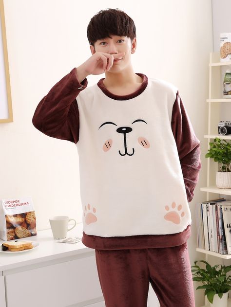 Men Animal Embroidered Plush Pajama Set -SheIn(Sheinside) Pijamas Aesthetic Boy, Pajamas Aesthetic Boy, Cute Pijamas, Korean Pajamas, Boys Pjs, Pajamas Aesthetic, Men Loungewear, Pajama Outfit, Night Pajama