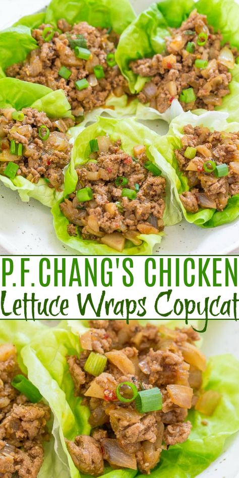 Lettuce Wraps Pf Changs Recipe, Pf Changs Lettuce Wraps, Pf Changs Chicken Lettuce Wraps, Wrap Chicken, P F Chang, Asian Lettuce Wraps, Chicken Lettuce Wraps Recipe, Turkey Lettuce Wraps, Averie Cooks