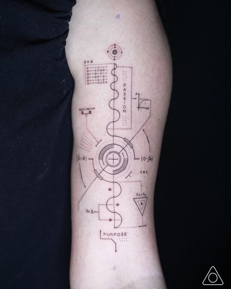 Geometric tattoo design inspired by the son named Terminal Velocity by John Petrucci Science Inspired Tattoos, Hvac Tattoos, Scientific Tattoo Ideas, Quantum Physics Tattoo, Equilibrium Tattoo, Entropy Tattoo, Quantum Tattoo, Engineering Tattoo, Math Tattoo