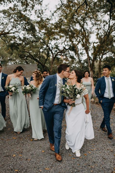 Dusty Blue And Sage Green Wedding Suits, Champagne And Green Groomsmen, Sage Blue And White Wedding, Navy Blue And Sage Green Wedding Decorations, Green Navy Blue Wedding, Blue And Sage Wedding Theme, Navy Suit Wedding Green Bridesmaid, Blue Suits And Green Bridesmaids, Navy Blue Suit Sage Green Dress