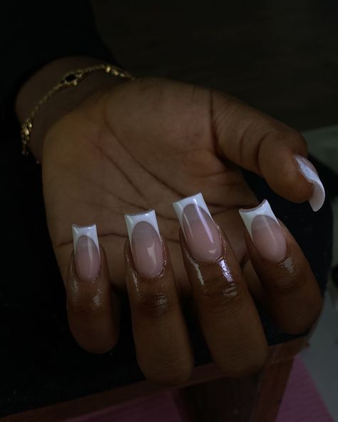 French tips would forever be the pinnacle of the class and the clean girl aesthetic 😌 Drop a 🤍 if you agree #nailsnailsnails#nailart#frenchtipnails#explorepage Deep White French Nails, Black French Tip Black Women, White Square French Tip Nails, Long White French Tip Nails, French Tips Aesthetic, 2000s French Tip Nails, Square Nails French Tip, Black And White French Tip, French Tip Square