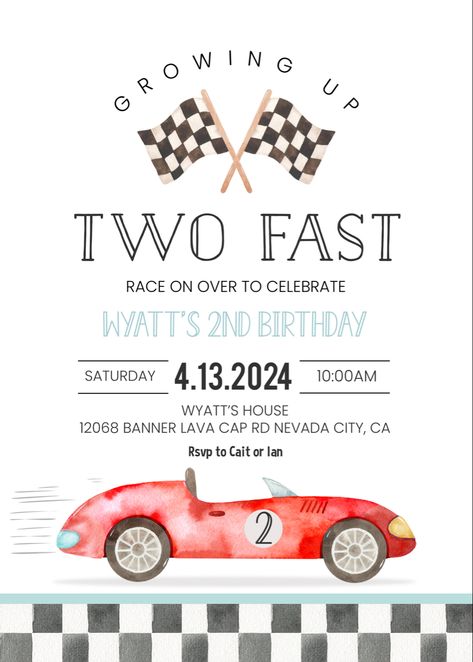 2 Fast Birthday Invitations, Second Birthday Boy Themes Ideas, Car Theme 2nd Birthday Boy, 2 Fast Birthday Party Decorations, 2nd Birthday Boy Themes Cars, Cars Second Birthday Theme, 2 Birthday Boy Themes, Boys Second Birthday Themes, Second Birthday Boy Themes