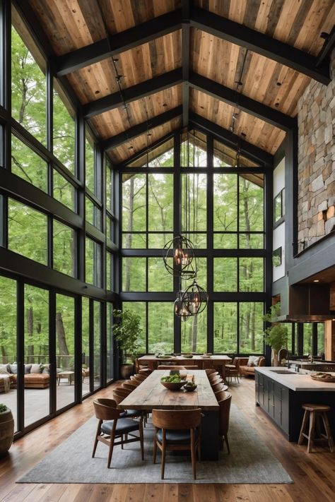 20 Modern Mountain Home Design Ideas – ToolzView Lake House With Large Windows, House On A Creek, Hygge Mountain Home, Aspen Mountain House, House With Wall Of Windows, Mountain Home Lighting, Montana Mountain Homes, Modern Mountain Cabin Exterior, Modern Cabins In The Mountains