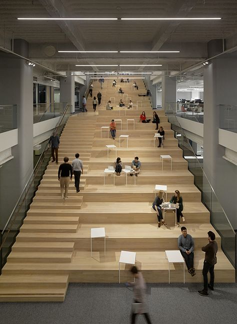 Dramatic two-story staircase at Square. Staircase Architecture, Stadium Seating, Mobile Payment, San Francisco Design, Urban Design Concept, Library Architecture, Stairs Architecture, Student House, Corporate Interiors