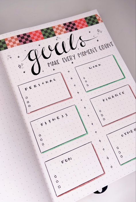 Decorative writing and calligraphy on a dotted notebook Dot Journal Goals Page, Scrapbook Goals And Dreams, Dairy Decoration Ideas New Year, Goals Of 2023, Bullet Journal Goal Page, Bujo New Year Page 2023, Year Goals Bullet Journal Layout, Journal Goals Ideas, New Year Journal Ideas 2023