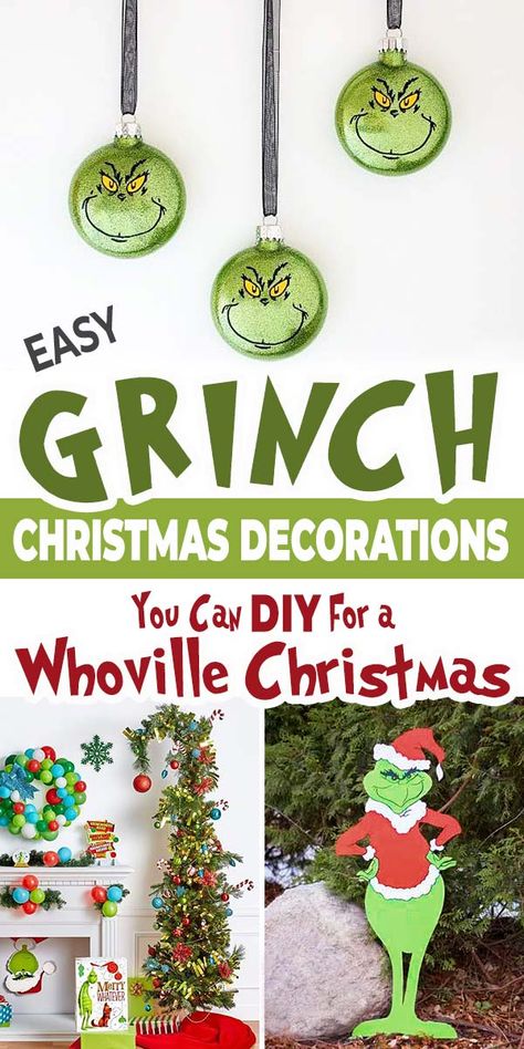 Easy Grinch Christmas Decorations You Can DIY for a Whoville Christmas! • The Budget Decorator Grinch That Stole Christmas Decorations, Grinch Theme House Decorations, Grinch Topiary, Grinch Paper Chain, Cheap Diy Grinch Decorations, Grinch Themed Christmas Decoration For Classroom, Whimsical Grinch Christmas Tree, Grinch Diy Decorations Ideas, Who Ville Decorations Diy