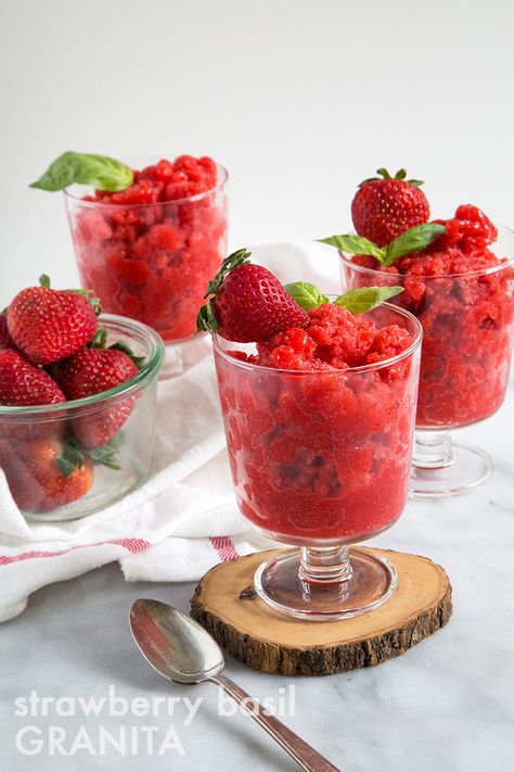 Strawberry Basil Granita | the little epicurean Strawberry Granita, Basil Simple Syrup, Strawberry Basil, Lemon Sorbet, Berry Dessert, Strawberry Lemon, Glutenfree Dairyfree, Summer Berries, Frozen Treat