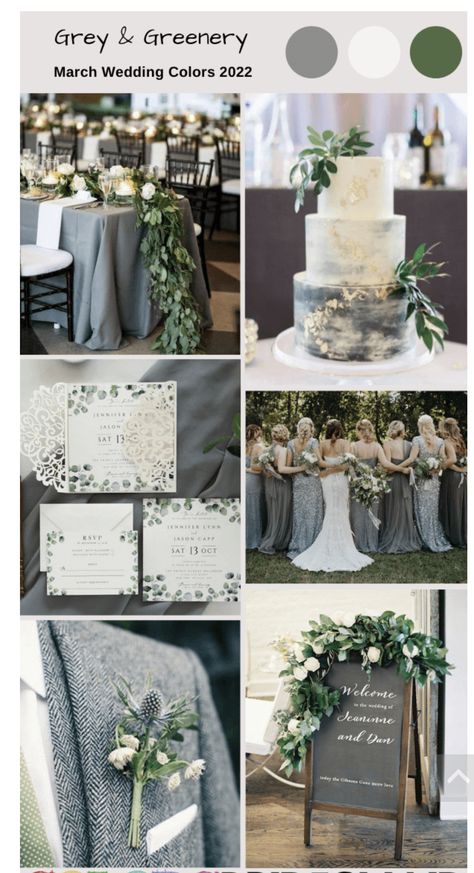 Grey And Sage Wedding Theme, Grey And Greenery Wedding, Wedding Color Palette Gray, Gray And White Wedding Theme, Green And Gray Wedding Theme, Grey Wedding Color Schemes, Green And Grey Wedding Colors, Sage And Gray Wedding, Grey And White Wedding Theme