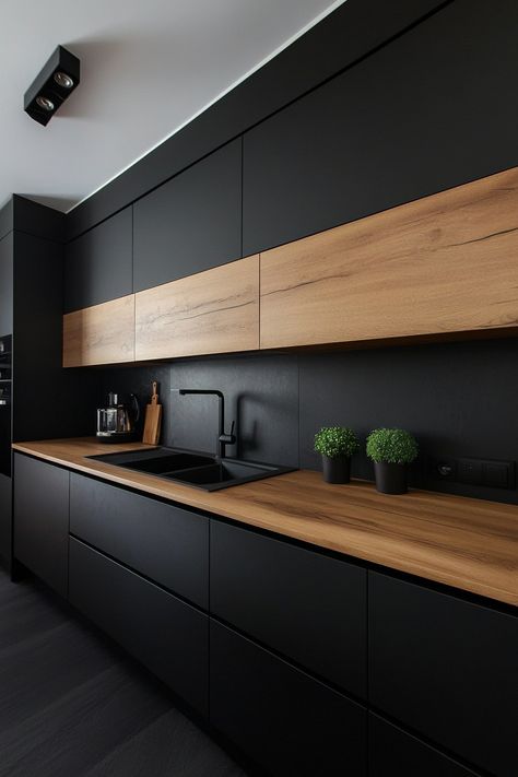 13 Sleek Black Cabinet Ideas for Your Kitchen - DreamyHomeStyle Black Kitchen Minimalist, Black Cabinets And Black Appliances, Black L Shaped Kitchen, Scandi Black Kitchen, Black Lower Cabinets Kitchen, Ikea Kitchen Black And Wood, Black Wood Interior Design, Matt Black Kitchen Cabinets, Black Kitchen Wood Countertop