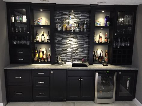 Basement Bar With Black Cabinets, Walk Up Bar Ideas, Behind Bar Ideas, Buffet Shelves, Garage Theater, Kitchenette Bar, Outdoor Cabinets, Bar Lounge Room, Rustic Basement Bar