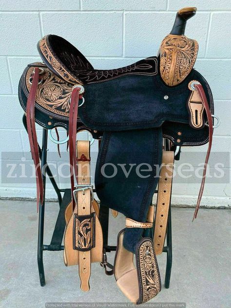 "ZIRCON OVERSEAS Welcome to my Shop- This is an auction for an exclusive western Natural Leather Hand Tooled and Carved Barrel Racing Saddle With Leather Girth FEATURES * Natural Leather * Suede Leather Seat * Stainless Steel Hardware * Double Reinforced Leather on Skirt * Hand Tooled * 6.5- 8.0\" \" Gullet Available Please mention your selection at checkout * Rawhide Wrapped Stirrups * Artificial Sheep Skin Lined Skirt * Steel Conchos * Off Billets * Wooden Tree" Horse Gear Western, Western Tack Sets, Black Horse Tack Western, Western Riding Tack, Saddle Tooling, Horse Mane Braids, Barrel Racing Saddle, Horse Saddle Pads Western, Western Saddle Types