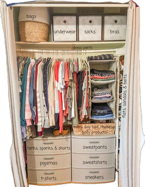 Aesthetic Dorm Storage, Closet Without Shelves Storage Ideas, Organization Hacks For Small Bedrooms, Storage Clothes Small Space, How To Store Dresses In Small Closet, Underbed Storage Dorm, Storage Clothes Ideas, Storage Ideas For Small Spaces Bedroom, Small Closet Organization Ideas Bedroom Clothing Storage