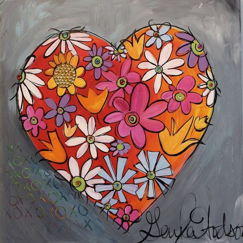 Buy Art For Less 'My Heart Blooms for You' by Gayla Hodson Painting Print on Wrapped Canvas | Wayfair Heart Art Projects, Painted Hearts, Heart Painting, Line Art Design, Wood Hearts, Rock Painting Art, Framed Painting, Painting Reproductions, Heart Art