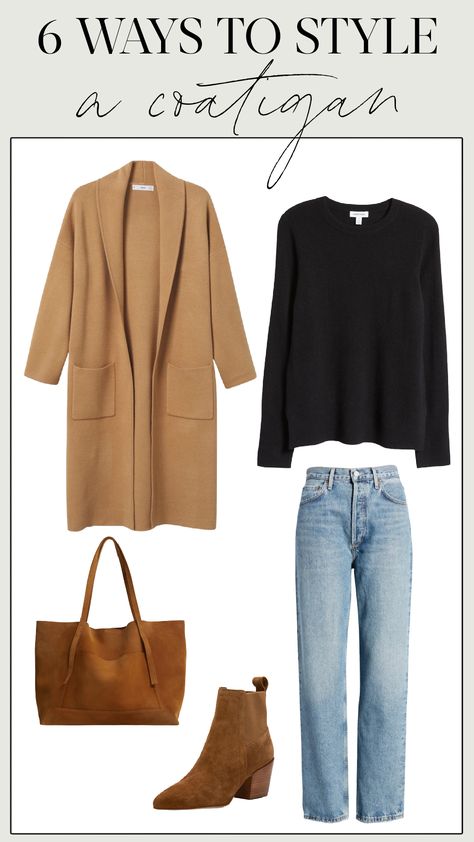 Trend Alert: Coatigans (And 6 Ways to Wear Them!) Long Cardigan Coat Outfit, Cardigan And Coat Outfit, Carmel Coat Outfit Winter, Long Cardigan Styling, Coat Cardigan Outfit, Camel Cardigan Outfit Winter, Jean Cardigan Outfit, Coatigan Outfit Fall, Winter Cardigan Outfit Casual