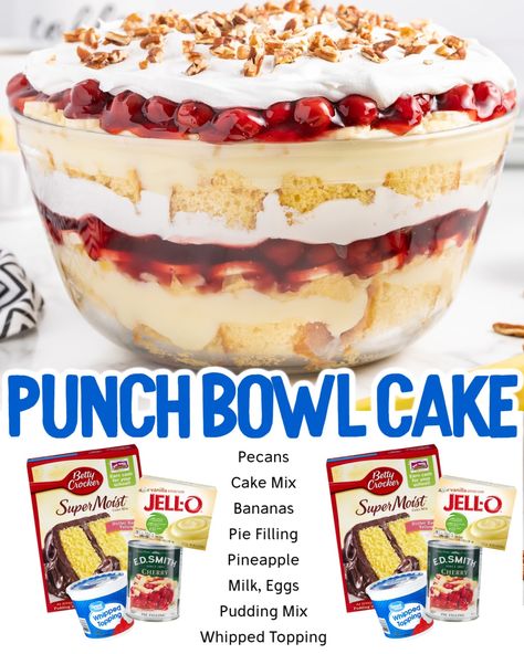 This stunning punch bowl cake has a unique twist that makes it stand out: it’s served in a punch bowl! With layers of light and fluffy sponge cake, creamy pudding, fresh fruit, and whipped topping, this cake is sure to be a hit. Snacks For Retirement Party, Punch Bowl Cake Recipe Easy, Punchbowl Cakes, Strawberry Punch Bowl Cake, Punch Bowl Cake Recipe, Fluffy Sponge Cake, Strawberry Punch, Persnickety Plates, Punch Bowl Cake