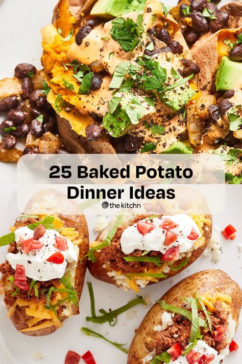 Find out all the ways to have baked potatoes for dinner, from twice-baked and stuffed to leftover baked potato casseroles. Baked Potato Night, Vegetarian Baked Potato Recipes, Baked Potato With Beans, Baked Potato Loaded Dinners, Baked Potato Fillings Vegetarian, Dinner Recipes With Baked Potatoes, Easy Potato Meals, Baked Potato Main Dish, Double Stuffed Potatoes Recipes