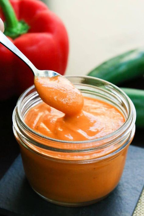 This is a delicious SPICY ROASTED RED PEPPER SAUCE is creamy, has 5-ingredients, and you can drizzle on just about anything! From tacos, to pasta, to using it as a dip! #vegansauce #veganpasta #easyrecipe #veganrecipe Scotch Bonnet Hot Sauce Recipe, Red Bell Pepper Sauce, Habanero Sauce Recipe, Bell Pepper Sauce, Mango Habanero Sauce, Roasted Red Bell Pepper, Habanero Sauce, Pepper Recipes, Roasted Red Pepper Sauce