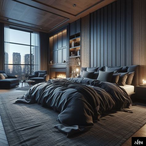 Digital image of a luxury master bedroom in a highrise. cityview with fireplace. dramatic vibe with navy, black and gray decor and bedding. very relaxing. architecture custom with textured walls and ceilings. bedroom remod ideas. Image by SouthHavenMarket. Penthouse Bedroom, Trajes Kylie Jenner, Luxury Bedroom Master, Small Room Bedroom, Master Bedrooms Decor, Remodel Bedroom, Garden Cottage, Dream Bedroom, Luxury Apartments