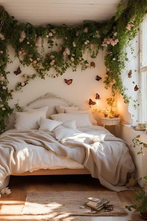 Fairy Tail Room Ideas, Small Room Fairycore, Fairy Like Room Decor, Bedroom Idea Women, Fairycore Home Aesthetic, Fairy Aesthetic Apartment, Fairytale Room Ideas, Adult Fairy Bedroom, Hanging Flowers Bedroom