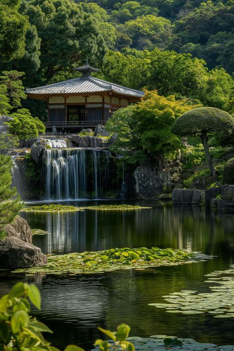 Discover tranquility in this serene Japanese garden, where a traditional pavilion overlooks a pond, embraced by lush greenery and a gentle waterfall. Save this pin for endless inspiration and follow us for more mesmerizing views. 🍃✨ #Tranquility #JapaneseGarden #PavilionView #WaterfallBliss #NatureInspiration #GardenBeauty #FollowForMore #PinSave #AIimage Japanese Koi Pond Zen Gardens, Japanese Pond Garden, Traditional Pavilion, Japanese Garden Aesthetic, Japanese Waterfall, Japanese Pond, Japan Forest, Zen Pond, Sakura Garden