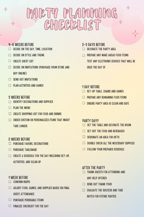 18th Birthday Planning Checklist, Checklist For Party Planning, Birthday Party Preparation Checklist, Checklist Birthday Party, Debut Planning Checklist, 21st Birthday Party Checklist, Surprise Party Checklist, Sweet Sixteen Planning Checklist, Party Ideas To Do