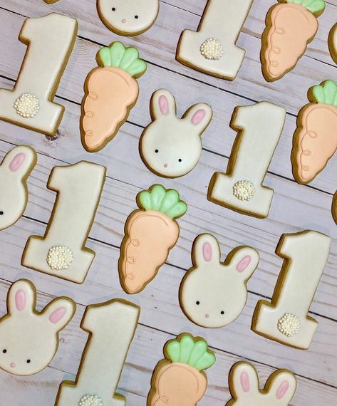 Bunny First Birthday Cookies, Easter Birthday Cookies, Somebunny Is One Cookies, 1st Birthday Cookies Decorated, Some Bunny Is Turning One Cookies, Some Bunny Is Turning One Cake, Bunny Birthday Cookies, Some Bunny Is Turning One Decorations, Some Bunny Is One Cookies