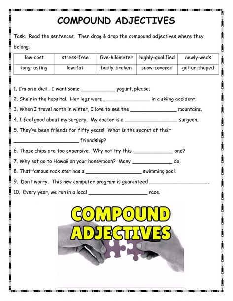 Compound Adjectives, Adjectives Worksheet, Esl Materials, Advance English, English Adjectives, Adjective Worksheet, Compound Words, English As A Second Language (esl), Words Matter