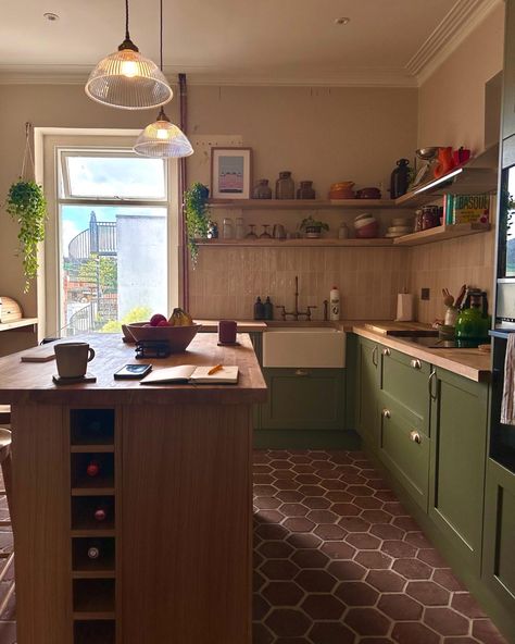 Green kitchen with oak worktops and terracotta hexagon tiles, first floor apartment kitchen Terracotta Tile Floor Kitchen, Terracotta Floor Kitchen, Kitchen Terracotta Floor, Hexagon Tile Kitchen Floor, Terracotta Kitchen Floor, Terracotta Tiles Kitchen, First Floor Apartment, Oak Worktops, Wood Worktop