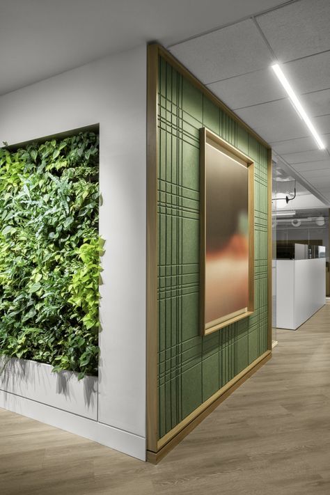 Colliers - Abel Design Group Commercial Office Wall Design Ideas, Corporate Office Lobby Design, Acoustic Design Interiors, Corporate Wall Art, Hospital Interior Design Lobbies, Finance Office Interior Design, Bank Design Interior, Office Wall Panelling Design, Office Corridor Design