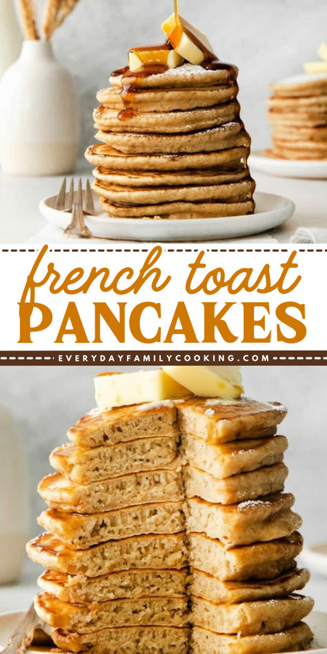 These French Toast Pancakes make the best Mother's Day brunch idea! These homemade pancakes are tall, fluffy, and ready in 15 minutes. Pin this sweet brunch idea! French Toast With Pancake Batter, Tasty Pancake Recipe, Flat Pancake Recipe, Flavored Pancakes Recipe, French Pancakes Recipe, Box Pancakes Better, Pancake Ideas Creative, Flavoured Pancakes, Pancakes Without Buttermilk