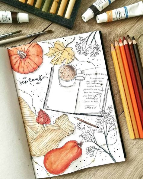 Looking for inspirations to decorate your Bullet Journal for this Fall? Check out these beautiful and creative theme ideas and cover page inspirations. Get inspired by amazing Bullet Journal creators, Plus get some page ideas you can use for this season. #mashaplans #bulletjournal #bujo #bulletjournaltheme #bulletjournaling Autumn Sketchbook Ideas, Fall Sketch Book Ideas, Fall Art Journal Pages, Fall Tbr Bullet Journal, Fall Theme Drawings, Autumn Bujo Ideas, Fall Art Journal, September Journal Spread, Autumn Drawings Ideas