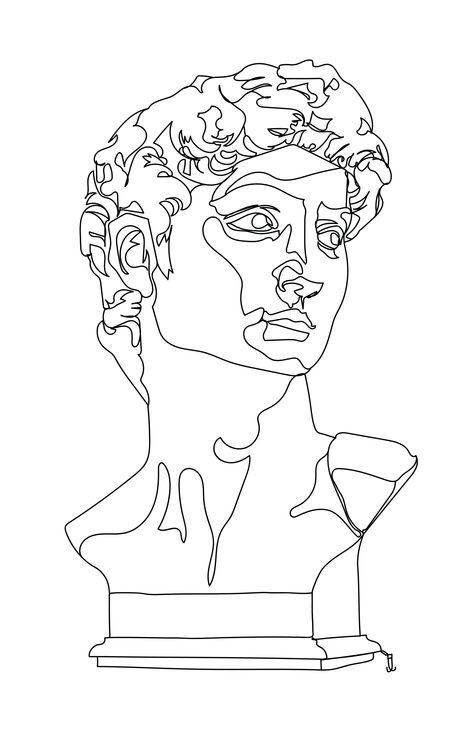 A one line contour drawing of Michelangelo's David as a bust. Please ask permission before using this design. Statue Of David Line Art, David Bust Tattoo, Contour Art Line Drawings, Outline For Painting, David Painting Michelangelo, Greek Bust Drawing, David Michelangelo Drawing, Greek Statue Drawing Simple, Statue Of David Drawing