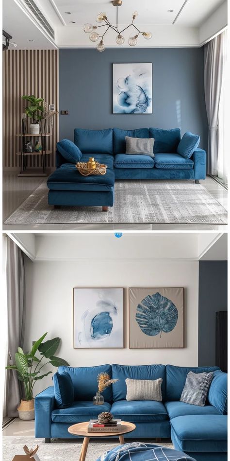 60 Blue Sofa Living Room Ideas for a Cozy and Modern Home Decoration – CreativeBooster Blue Sofa Colour Schemes, Modern Blue And White Living Room, Best Sofa Color Living Rooms, Small Living Room Blue Sofa, Navy Blue Boho Living Room, Blue Apartment Aesthetic Living Room, Boho Living Room Blue, Blue Sofa Living Room Ideas Decor, Living Room Inspiration Color Schemes