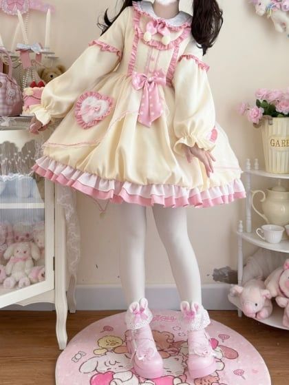 Yellow Peter Pan Collar Sweet Lolita Long Sleeves One Piece Lolíta Outfits, Lolíta Dresses, Cute Kawaii Clothes, Japanese Lolita Fashion, Kawaii Outfit Ideas, Lolita Outfits, Dresses Cute, Kawaii Fashion Outfits, Kawaii Dress