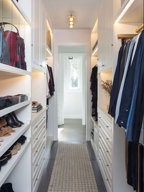 Narrow Walk In Closet Ideas, Long Narrow Closet, Scandinavian Closet, Narrow Walk In Closet, Narrow Closet Design, Walk In Closet Ideas, Narrow Closet, Walk Through Closet, Contemporary Closet