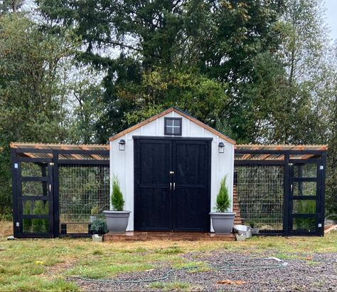 Spanish Style Chicken Coop, L Shaped Chicken Coop, Chicken Coop Farmhouse Style, Chicken Coop Ideas Farmhouse, Chicken Coop Around Garden, Chicken Coop With Double Run, Chicken Coop Fencing, Chicken Coops Made From Sheds, Chicken Coop With Two Runs