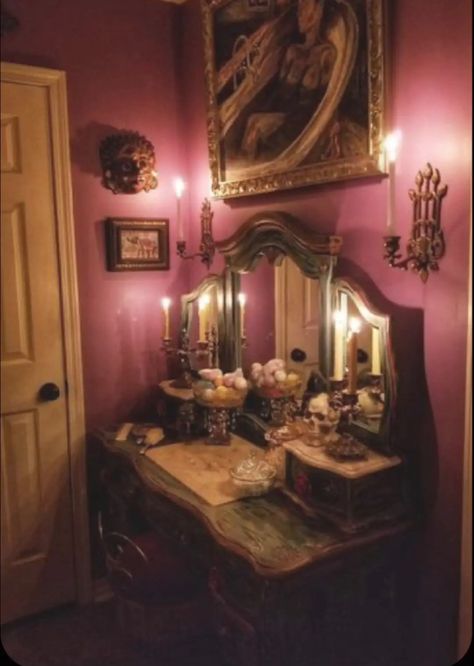 #whimi #whimigoth #whimsigoth #whimsigothfashion #spiritual #spirituality #witch #witchcraft #witchy #witchythings #witchyvibes #aesthetic #aesthetictumblr #aestheticstyle #aestheticnotes #grunge #moon #decor #decoration #decorationideas Southern Gothic Room Aesthetic, Goth Vanity Decor, Whimsy Goth Apartment, Gypsycore Decor, Opiumcore Room, Eclectic Cowboy Decor, Wimsey Goth Interior, Broke Aethstetic, Whimsi Goth Room