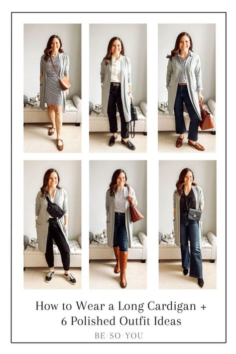 How to Wear a Long Cardigan + 8 Polished Outfit Ideas - Be So You How To Style A Long Cardigan, Cardigan Work Outfit, How To Wear A Long Cardigan, Long Cardigan Outfit Fall, Cardigan Outfit Ideas, Long Cardigan Outfit, Sweater Vest Outfit, Cardigan Outfit, Outfits 2023