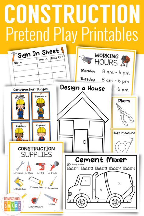 Construction Dramatic Play - Homeschool Share Building Dramatic Play Preschool, Construction Theme Dramatic Play, Construction Dramatic Play Printables, Construction Lesson Plans Preschool, Construction Preschool Activities, Preschool Construction Theme, Dramatic Play Printables Free, Construction Dramatic Play, Community Helper Dramatic Play