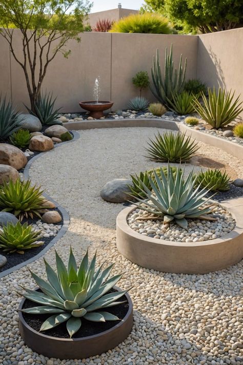 10 Ways To Have A Dry Garden For Your Home To Conserve Water - Toolz Geek Landscape With Succulents, House Plants Decor Outdoor, Dry Garden Ideas Landscaping, Backyard Cactus Garden, Side Yard Garden Design, Landscape Decorating Ideas, Garden Design Tips, Front Yard Cement Ideas, Rock Landscape Design