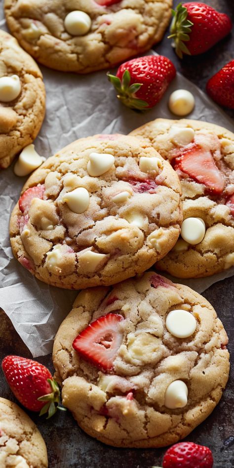 White Chocolate Chip Valentine Cookies, White Chocolate Chip Recipes Easy, Strawberry White Chocolate Chip Cookies Recipe, How To Make Strawberry Cookies, Strawberry And White Chocolate Cookies, White Chocolate Strawberry Cookies, Valentine Chocolate Chip Cookies, Easy Summer Cookies, Strawberry Cookies Recipes