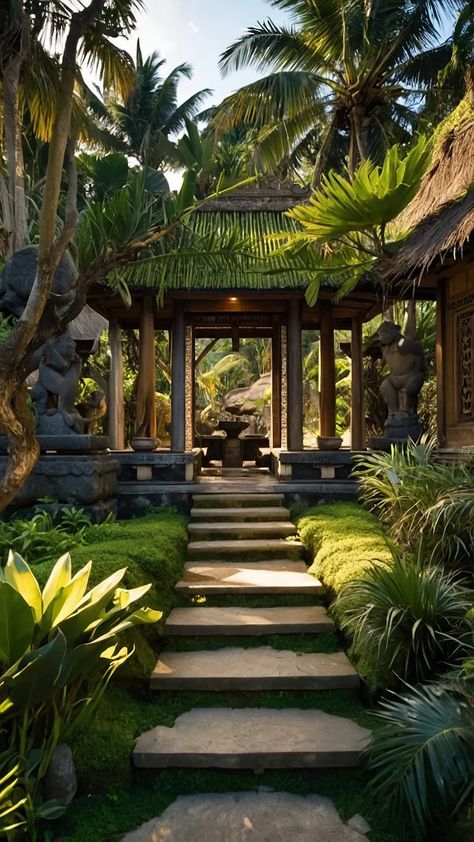 Bali Garden Bliss: 15 Tropical Backyard Ideas to Transform Your Space - Inspire Inlet Asian Garden Design Landscaping Ideas, Bali Landscape Design, Bali Garden Ideas, Tropical Backyard Ideas, Tropical Entrance, Resort Landscape Design, Modern Tropical Garden, Jungle Palace, Tropical Resort Design