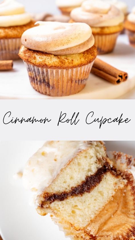 cinnamon roll cupcakes Cupcakes For A Bake Sale, Fun Vanilla Cupcakes, Cinnamon Bun Cupcake Recipe, Cinnamon Cupcakes Cream Cheese Frosting, Banana Walnut Cupcakes, Banana Cupcakes With Cinnamon Buttercream, Sweet And Savory Cupcakes, Cupcake Icing Flavors, Fall Cupcake Flavors For Wedding