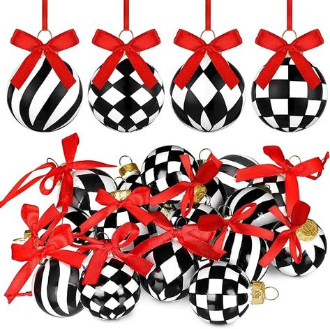 Amazon.com: Wettarn 24 Pieces Christmas Checkered Decorated Balls Glass Balls with Red Bow Christmas Tree Hanging Balls with String for Decoration Christmas Party (Black and White) : Home & Kitchen Red And Black Checkered Christmas Tree, Red And Black Checkered Christmas Table Decor, Diamond Checkered Ribbon Tree, Checkered Ornaments, Black And White Buffalo Check Christmas Tree Ornaments, Nutcracker Christmas, Red Bow, Ball Ornaments, Bright Color