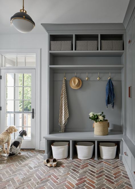 Mudroom Herringbone Tile, Mud Room With Pantry, Jean Stoffer Mudroom, Herringbone Brick Floor Laundry Room, Herringbone Brick Mudroom, Herringbone Brick Floor Mudroom, Craftsman Mudroom Ideas, Mud Room Brick Floor, Herringbone Brick Floor Entryway