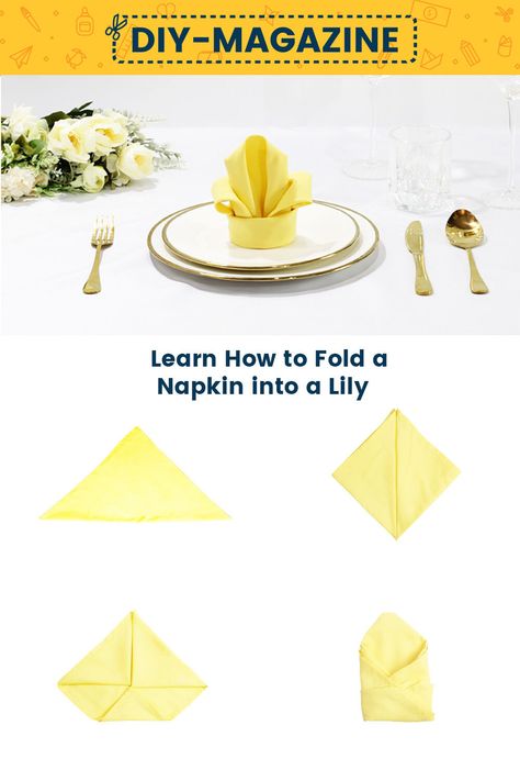 How to fold a napkin into a Lily flower Paper Napkin Folding Step By Step, Fan Napkin Fold, Tulip Napkin Fold, Flower Napkin Fold, Yacht Interior Decor, Easy Napkin Folding, Paper Napkin Folding, Yellow Napkins, Reception Dinner